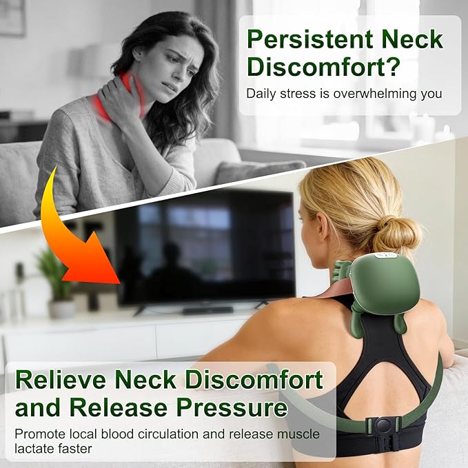 Neck Massager Neck and Back Massager with Heat &amp 4D Kneading Shiatsu Deep Tissue Wireless Massager for Shoulder Cervical Pain Relief Portable Rechargeable for Home Office (Green)