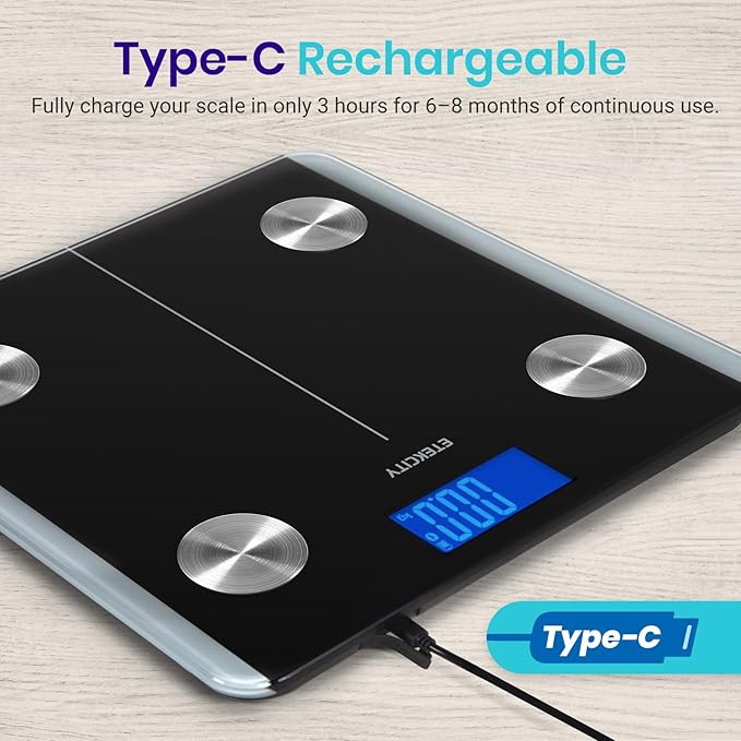 Etekcity Rechargeable Smart Scale for Body Weight Digital Bathroom Scale with BMI Body Fat Muscle Mass Accurate Weighing Machine for People Sync with Smartphone App 400lb