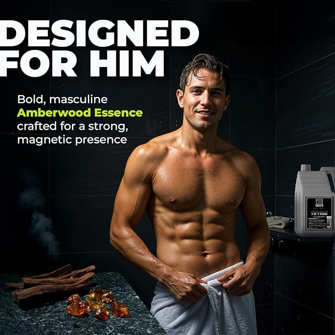 Dead Sea Collection Mens Body Wash 3 in 1 – Amberwood Oil Body Wash with Dead Sea Minerals for Men – Bulk Shower Gel – Shampoo – Refill Shower Soap for Face and Hair (128 fl. oz)