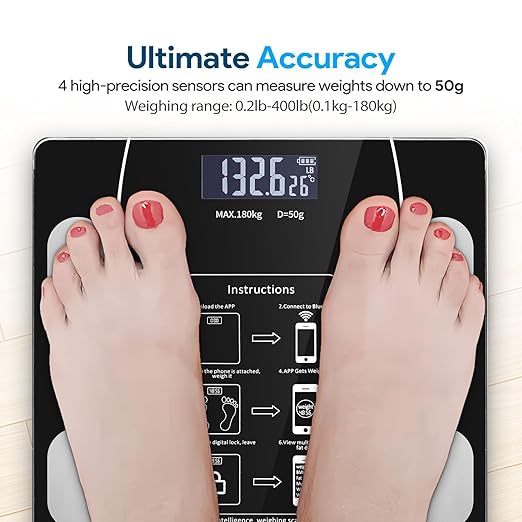 Smart Weighing Scale Bluetooth Smart Body Fat Scale accurately Measures Weight Body Fat Percentage Muscle Mass Percentage BMI and Other Body Metrics. (Black)