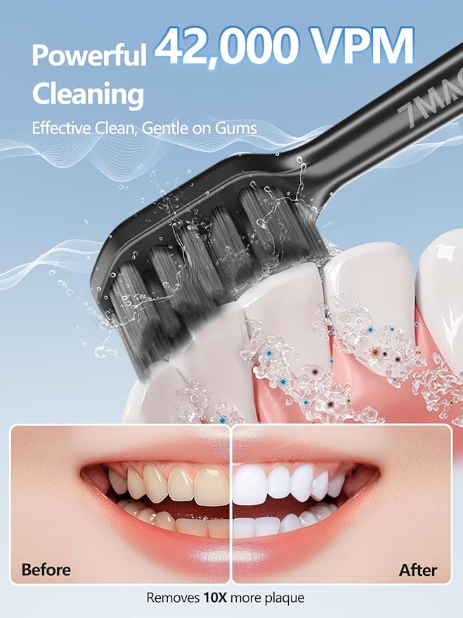 7MAGIC Black Sonic Electric Toothbrush Bundle with Genuine Brush Heads for Deep Cleaning 2-Pack