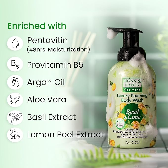 Luxury Foaming Body Wash with PentavitinPro Vit B5Argan OilAloe Vera Skin Friendly pH 5.5 All Skin Types 400 Ml (Basil &amp Lime)