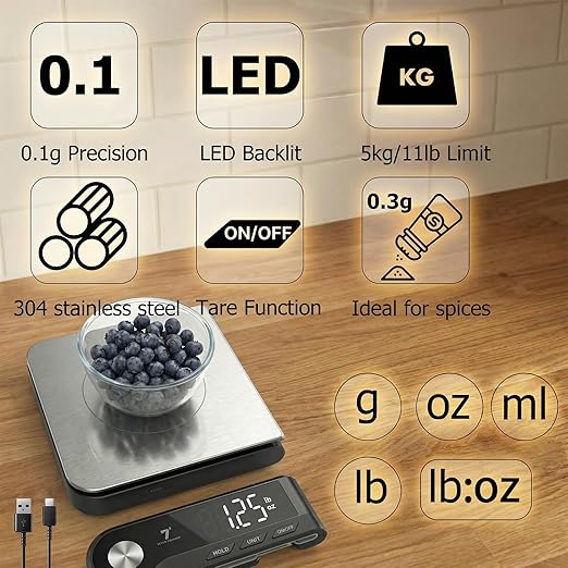 11lb Digital Kitchen Food Scale with Pull Out Display &amp Meat Thermometer 0.1g Precision Wireless Scale for Baking 304 Stainless Steel LED Screen 5 Units USB Rechargeable