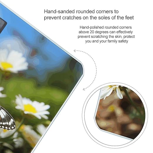 Butterfly on Daisy Flower Bathroom Scale Large LCD Backlight Display Digital Scale Rounded Corners Body Scales Automatic Power On/Off Bathroom Scales for Home Bedrooms