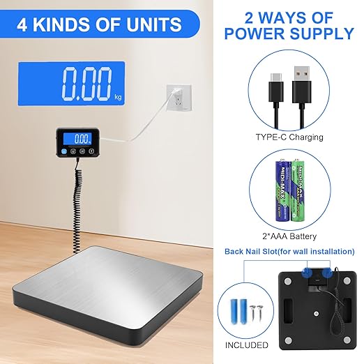 Digital Shipping Scale 5g High Accuracy 440 lb Postal Scale with Hold and Tare Functions for Parcels/Luggage/Home Manual/Auto Shutoff Extended LCD Display Batteries and AC Adapter Included