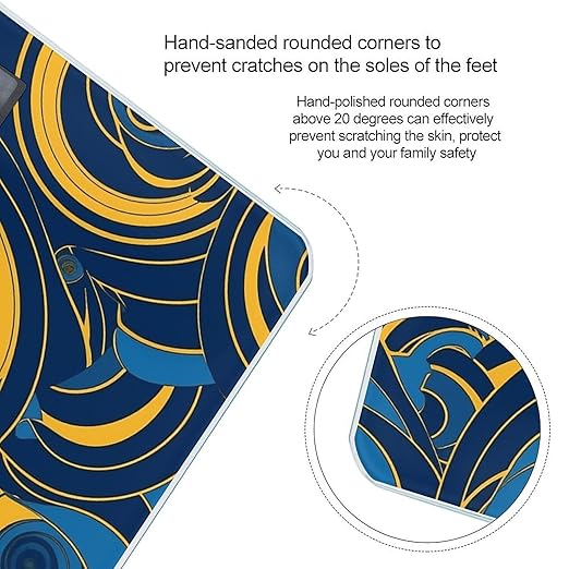 Blue and Yellow Pattern Scale for Body Weight Anti-Slip Tempered Glass Digital Bathroom Scales Clear LCD Display Weighing Scale Safe Rounded Corners Smart Scales
