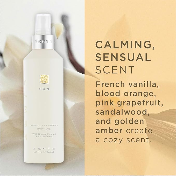 Zents Body Wash and Cashmere Oil Set (Sun Fragrance) Aloe Moisture Body Wash Soften and Moisturize Skin with Vitamin E and Organic Coconut Oil