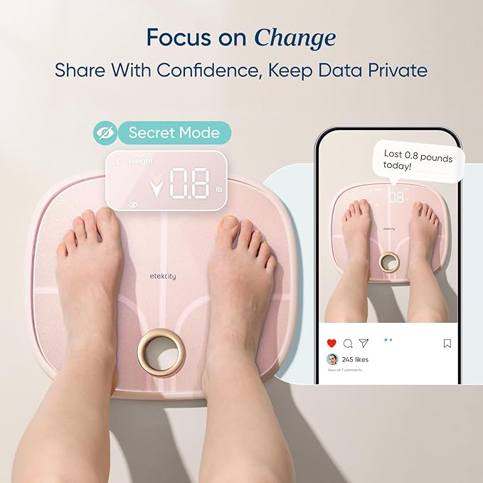 Etekcity Rechargeable Pink Smart Scale for Body Weight BMI Fat Muscle Mass Digital Bathroom Scale with 13 Metrics Secret Mode Bluetooth Connect to Free Apps Cotton Candy Pink