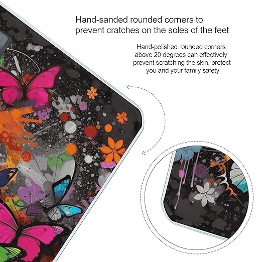 Art Graffiti Butterflies Print Bathroom Scale Automatic Power On/Off Body Scales LCD Backlight Display Square Digital Scale Rounded Corners Bathroom Scales for Home Bedrooms
