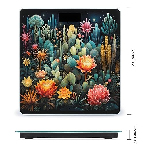 Colorful Cactus Pattern Digital Bathroom Scale for Body Weight Weighing Scale with Backlit LCD Display High Precision Measurements &amp Measures Weight Up to 180kg