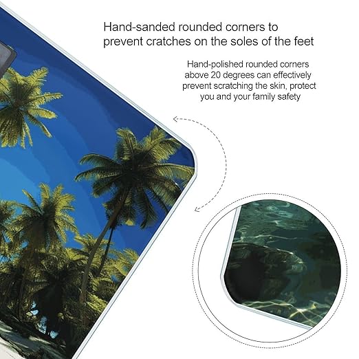 Palm Trees and Clear Sea Scale for Body Weight Anti-Slip Digital Bathroom Scale Sturdy Toughened Glass Weighing Scales High Precision Safe Rounded Corners Smart Scales