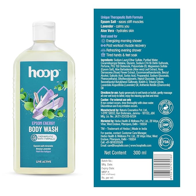 hoop Epsom Body Wash | Epsom Salt Infused Body Wash for Shower Hand &amp Foot Soak Workout Recovery Bath Salt Relaxation Skin Feet Lavender | 300 ml
