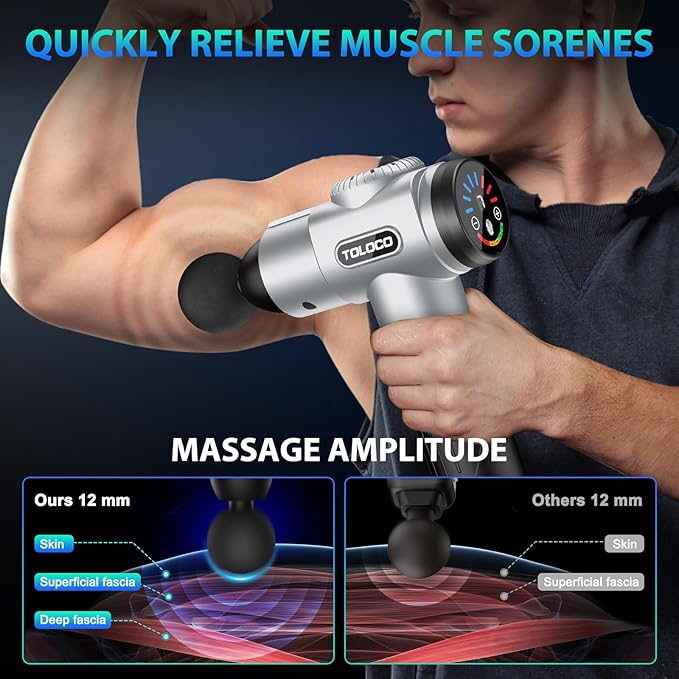 TOLOCO Massage Gun Muscle Massage Gun Deep Tissue for Athletes with 10 Massage Heads Electric Percussion Massager for Any Pain Relief Valentines Day Gifts for Him Her Silver