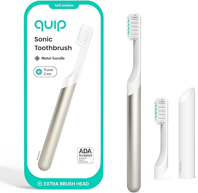 Quip Metal Sonic Electric Toothbrush for Adults - Time Travel &amp Soft Bristles with Travel Case &amp Replacement Brush Head - 3 Month Battery Life Champagne