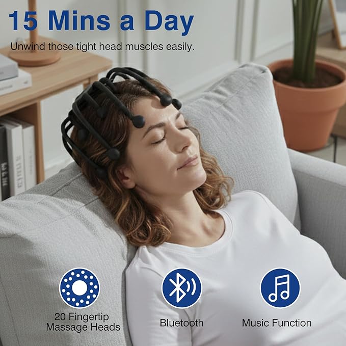 Head Massager Scalp Electric with Bluetooth Function 360° Electric Head Massager Rechargeable 4 Modes Electric Octopus Scalp Massager Portable Long Battery Life Scalp Stress Relax Massage Tool