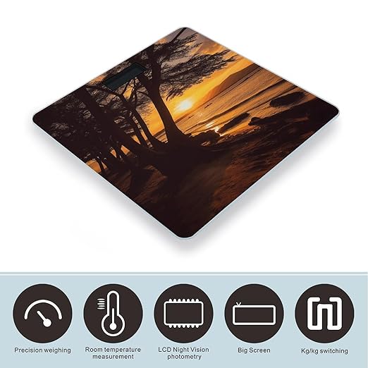 Seashore Trees Sunset Scale for Body Weight Highly Accurate Digital Bathroom Scale Sturdy Tempered Glass Weighing Scales with LCD Display Fashion Body Fat Smart Scales 400lb