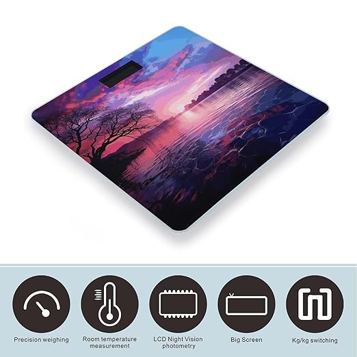 Purple Sunset on Water Bathroom Scale for Body Weight Bathroom Weighing Scale with Backlit LCD Display Highly Accurate Measures Weight Up to 180kg