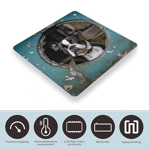 Boston Terrier Bathroom Scale Automatic Power On/Off Body Scales LCD Backlight Display Square Digital Scale Rounded Corners Bathroom Scales for Home Bedrooms