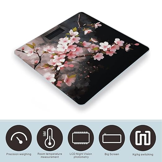 Tempting Cherry Blossoms Bathroom Scale Automatic Power On/Off Body Scales LCD Backlight Display Square Digital Scale Rounded Corners Bathroom Scales for Home Bedrooms