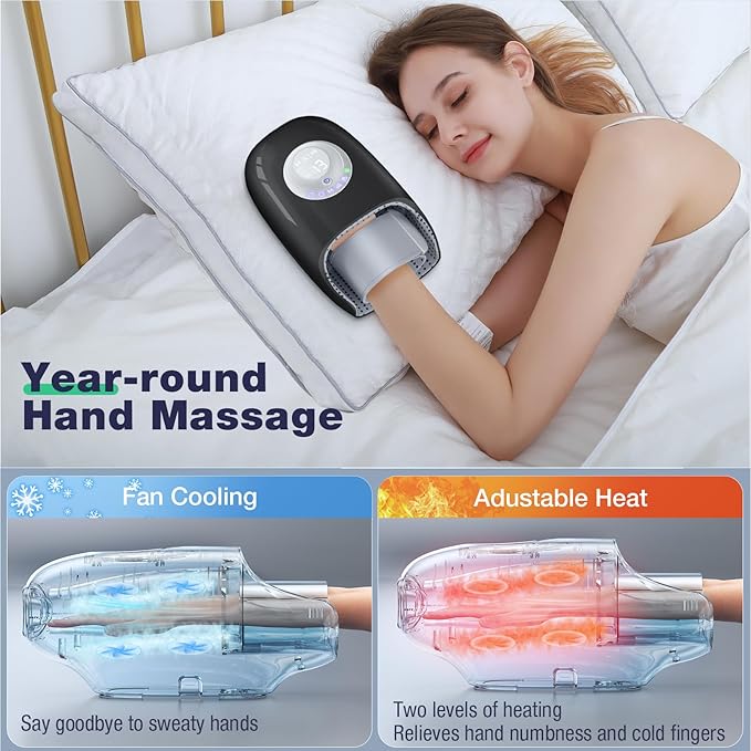 Hand Massager with Heat and Compression Hand Massage for Arthritis and Carpal Tunnel Relief 6 Modes Pressure Point Therapy Blowing Wrist Massager Finger &amp Palm Kneading Gifts for Mom Dad