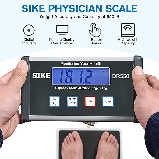 SIKE Digital Physician Scale Medical Floor Scale for Body Weight 550 lb Limit Professional Weight Scale Portable Easy to Read Digital Display Heavy Duty Pound &amp KG Settings 12.5 x 12 Platf