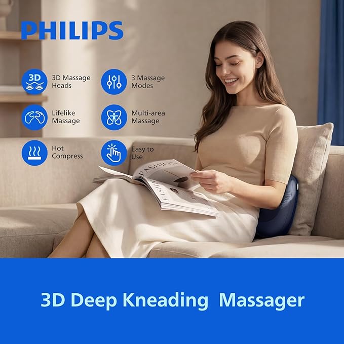 Philips Shiatsu Back Massager with Heat Deep Tissue Massage Pillow for NeckShoulderFoot &amp Lower Back Pain ReliefElectric Kneading Massager for Home Office Car-Gifts for Mom Dad Men Women