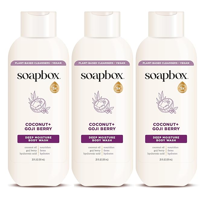 Soapbox Body Wash Coconut + Goji Berry Body Wash for Women Men Vegan + Antioxidant Rich Moisturizing Soap with Shea Butter Peptides &amp Keratin Promoting B3 3 Pack 20oz Each