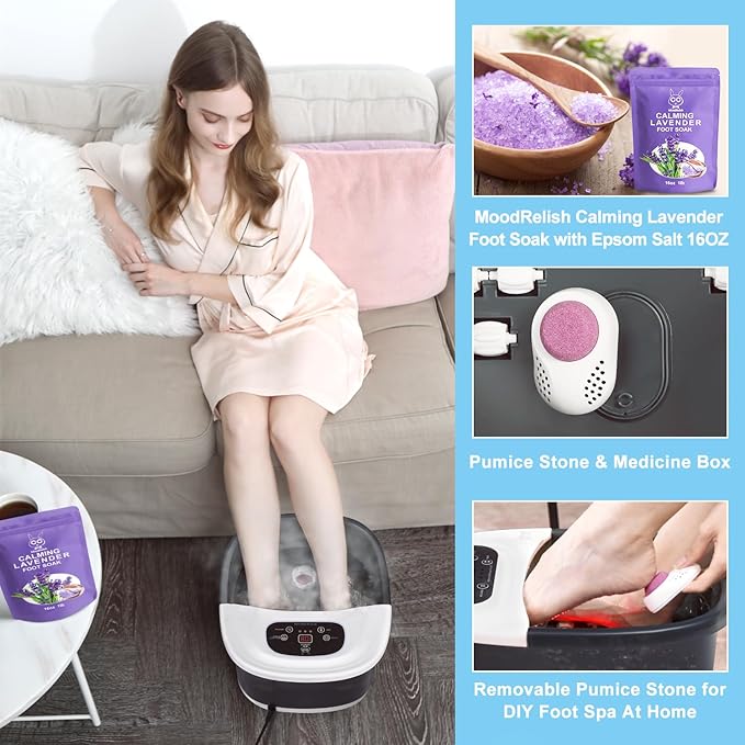 Foot Spa Bath Massager with Heat Bubbles and Vibration Massage and Jets 16 OZ Calming Lavender Foot Soak Epsom Salt Foot Soaker with Red Light 22 Massage Rollers Adjustable Temp - Grey