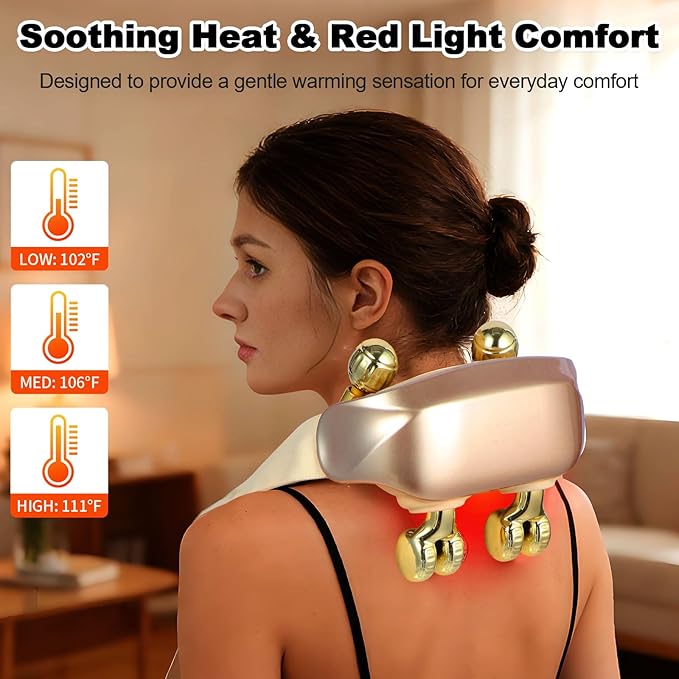 Neck and Shoulder Massager with Heat - Elegant Champagne Gold Massager with 4D Human-Like Shiatsu Grasping Hands-Free Design Soothing Warm Heat Cordless Relaxation Gift for Women &amp Men