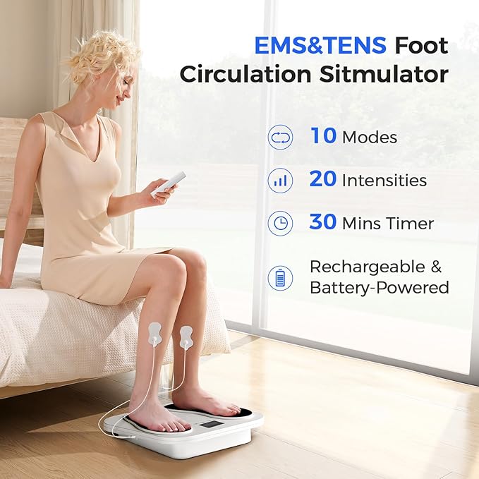 Foot Massager for Neuropathy Rechargeable TENS EMS Foot Stimulator with 10 Modes 20 Intensities Feet Circulation Stimulator for Neuropathy Plantar Fasciitis Gifts for Mom Dad