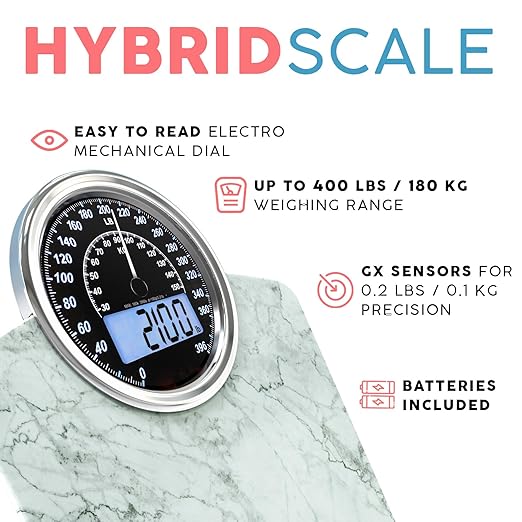 Adamson Hybrid 2-in-1 Analog &amp Digital Weighing Scale for Body Weight up to 400lbs - Thick Tempered Glass - Extra Large Display - Easy to Read Digital Bathroom Scale - New - Marble White