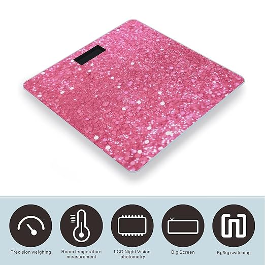 Sparkling Pink Glitter Scale for Body Weight Anti-Slip Tempered Glass Digital Bathroom Scales Clear LCD Display Weighing Scale Safe Rounded Corners Smart Scales