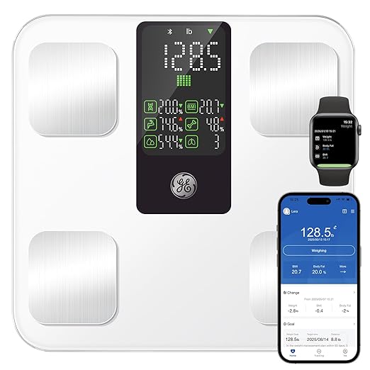 GE Smart Body Weight Scale with 8-in-1 Display for BMI Body Fat Muscle Mass Digital Bathroom Bluetooth Scale 14 Composition Analyzer for Health Monitoring 11.8 Accurate 400lb Weighing White