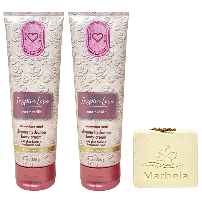 Bath &amp Body Works Aromatherapy Inspire Love Rose + Vanilla 2 Ultimate Hydration Body Creams with a Creamy Rose Bar Soap