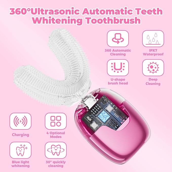 Electric Toothbrush Adults U Shaped Automatic toothbrushes360° Whole Mouth Cleansing 3 Cleaning ModesRechargeable Waterproof (White)