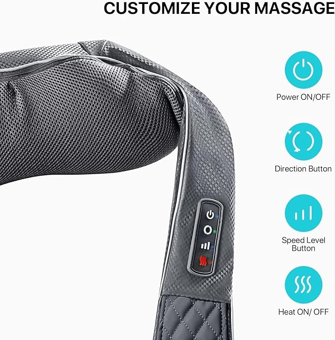 Cordless Shiatsu Neck Massager with Heat – Rechargeable Massager for Neck and Shoulder Pain with 8 Deep Kneading Nodes Back Massager for Home Office Outdoor - Christmas Gifts for Mom Dad Men Women