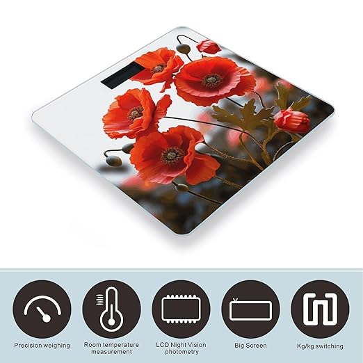 Poppy Flowers Vivid Petals Weight Scale Large Bathroom Scales Digital Weight with Bright LED Display Non Slip Automatic Weighing Scale Fashion Weighing Machine for Body