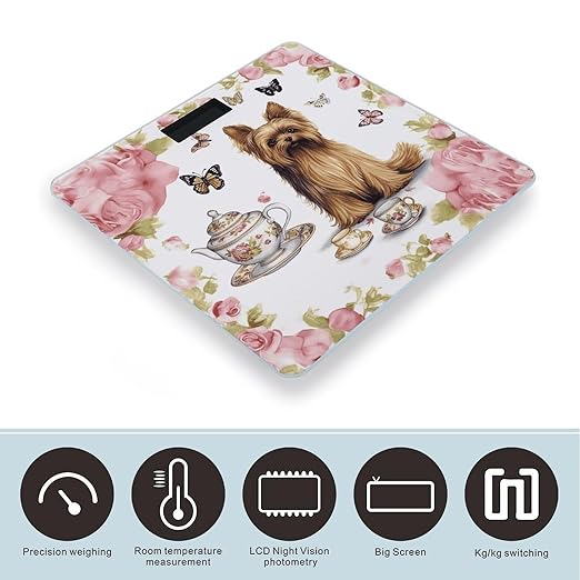 Yorkshire Terrier Tea Party Butterflies Roses Bathroom Scale Automatic Power On/Off Body Scales LCD Backlight Display Square Digital Scale Rounded Corners Bathroom Scales for Home Bedrooms