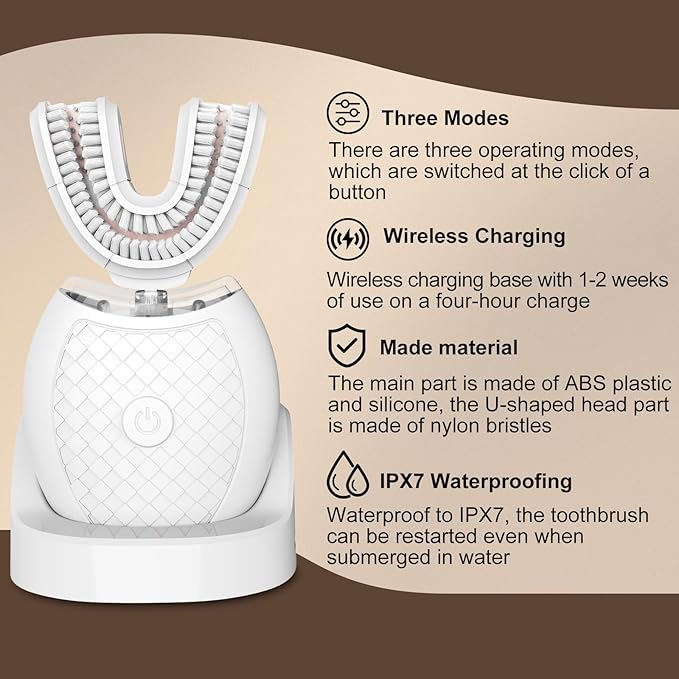 Electric U Shaped Toothbrush for Adult360 Degree Automatic Cleaning Ultrasonic Tooth Brush has 23760 Nylon Bristles and 3 Modes Standard Fast Ultra Fast(White)