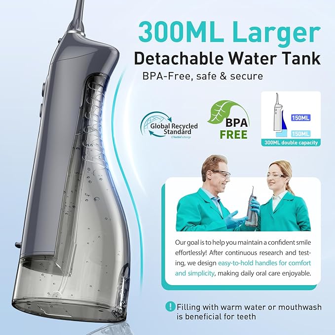 COSLUS Water Dental Flosser Teeth Pick C20(F5020E): Portable Cordless Oral Irrigator 300ML Rechargeable Travel Irrigation Cleaner IPX7 Waterproof Electric Flossing Machine for Teeth Cleaning Grey