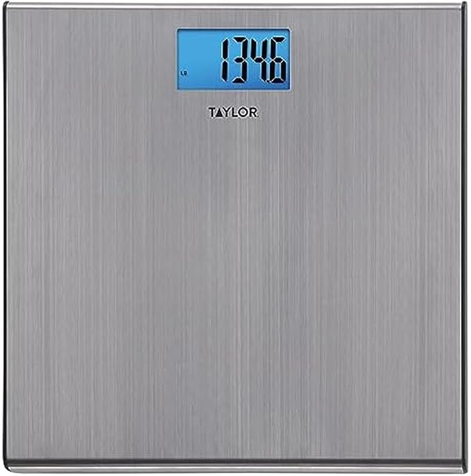 Taylor Digital Scales for Body Weight Extra-High 440 lb Capacity Thin Profile Unique Blue LCD Glass Platform 12.2 x 12.2 Inches Stainless Steel
