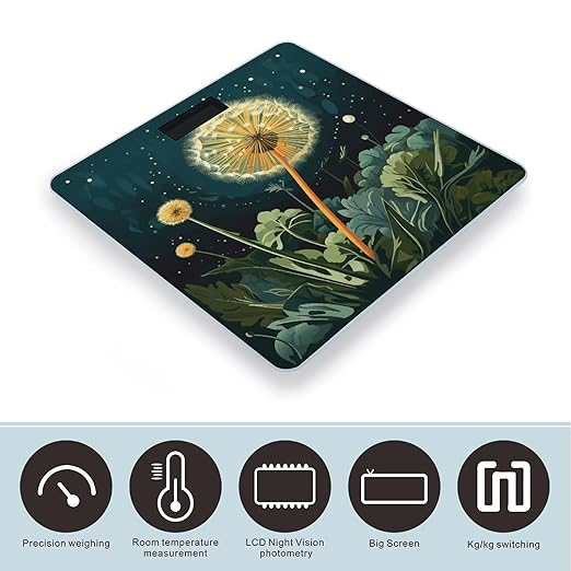 Dandelions at Night Digital Bathroom Scale for Body Weight Weighing Scale with Backlit LCD Display High Precision Measurements &amp Measures Weight Up to 180kg