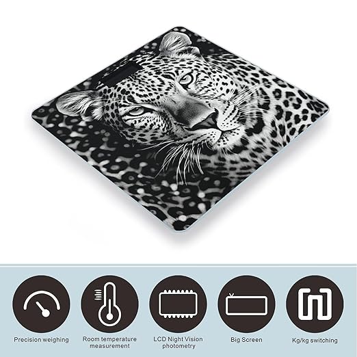 Black and White Leopard Face Weight ScaleClear LED Display Bathroom Digital Weighing ScaleTempered Glass Digital Bathroom Scale for Body Weight Capacity Up to 400 Lbs