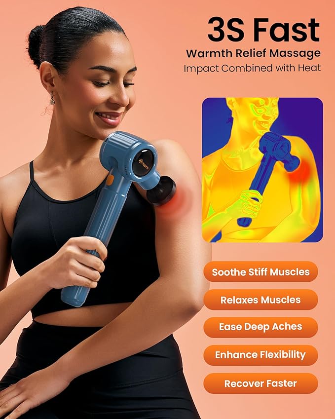 NAPRE Massage Gun with HeatMassage Gun Deep Tissue with Extension Handle &amp 3 Adjustable AnglesHandheld Percussion Back Massager for Muscle/Neck/Body Pain Relief6 Heads &amp Silentwith CaseBl