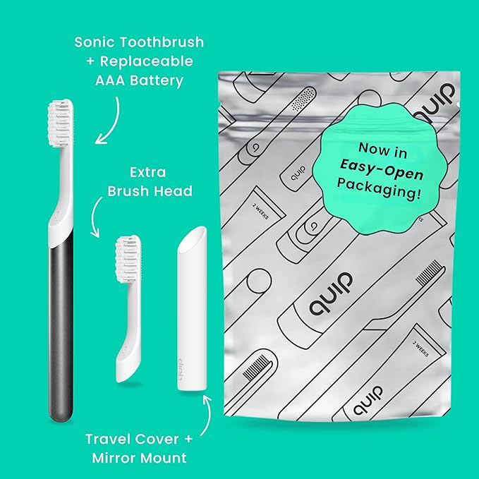 Quip Metal Sonic Electric Toothbrush for Adults - Time Travel &amp Soft Bristles with Travel Case &amp Replacement Brush Head - 3 Month Battery Life Slate