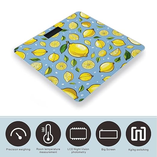 Lemon Hand Drawn Pattern Scale for Body Weight Highly Accurate Digital Bathroom Body Scale Digital Bathroom Scales for People Anti-Slip Large LCD Display Smart Scales