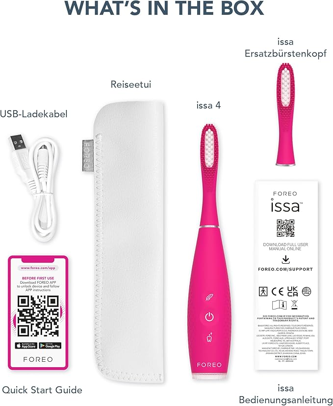 FOREO ISSA 4 Electric Toothbrush – 4-in-1 Rechargeable with Extra Brush Head Soft Bristles Long-Lasting Use Gentle Cleaning - Fuchsia