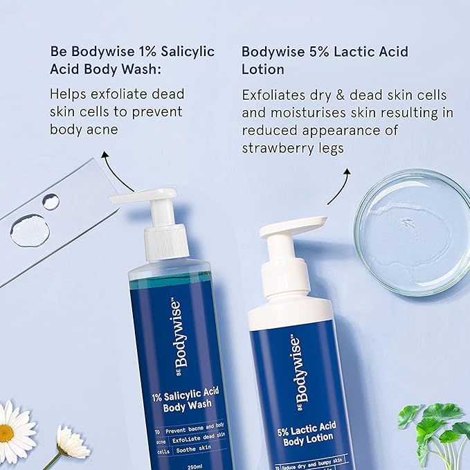 Metrol Be Bodywise 1% Salicylic Acid Bodywash 375 mL with Loofah &amp 5% Lactic Acid Lotion 200 mL for Women | Helps to Prevent Body Acne Cleanses Skin &amp Nourishes Skin | Paraben and SLS Free