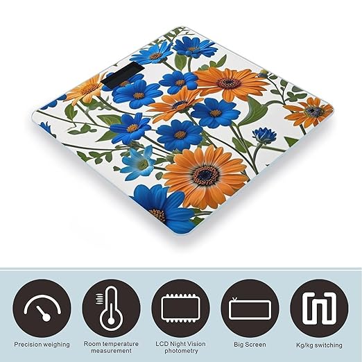 Blue and Orange Flowers on White Background Scale for Body Weight Highly Accurate Digital Bathroom Body Scale Digital Bathroom Scales for People Anti-Slip Large LCD Display Smart Scales