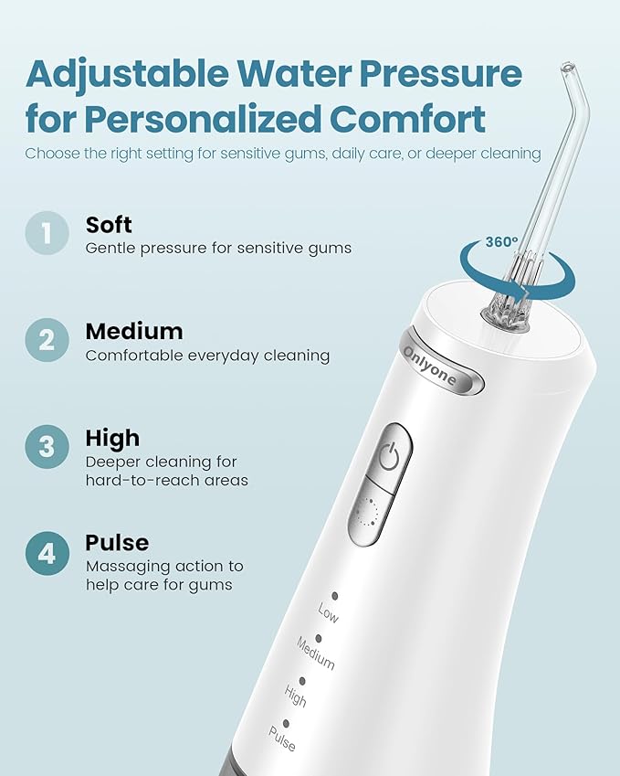 Onlyone Rechargeable Cordless Water Flosser with Adjustable Water Pressure for Daily Oral Care Power Dental Flosser for Home and Travel Use Portable Oral Irrigator for Sensitive Gums and Braces Care